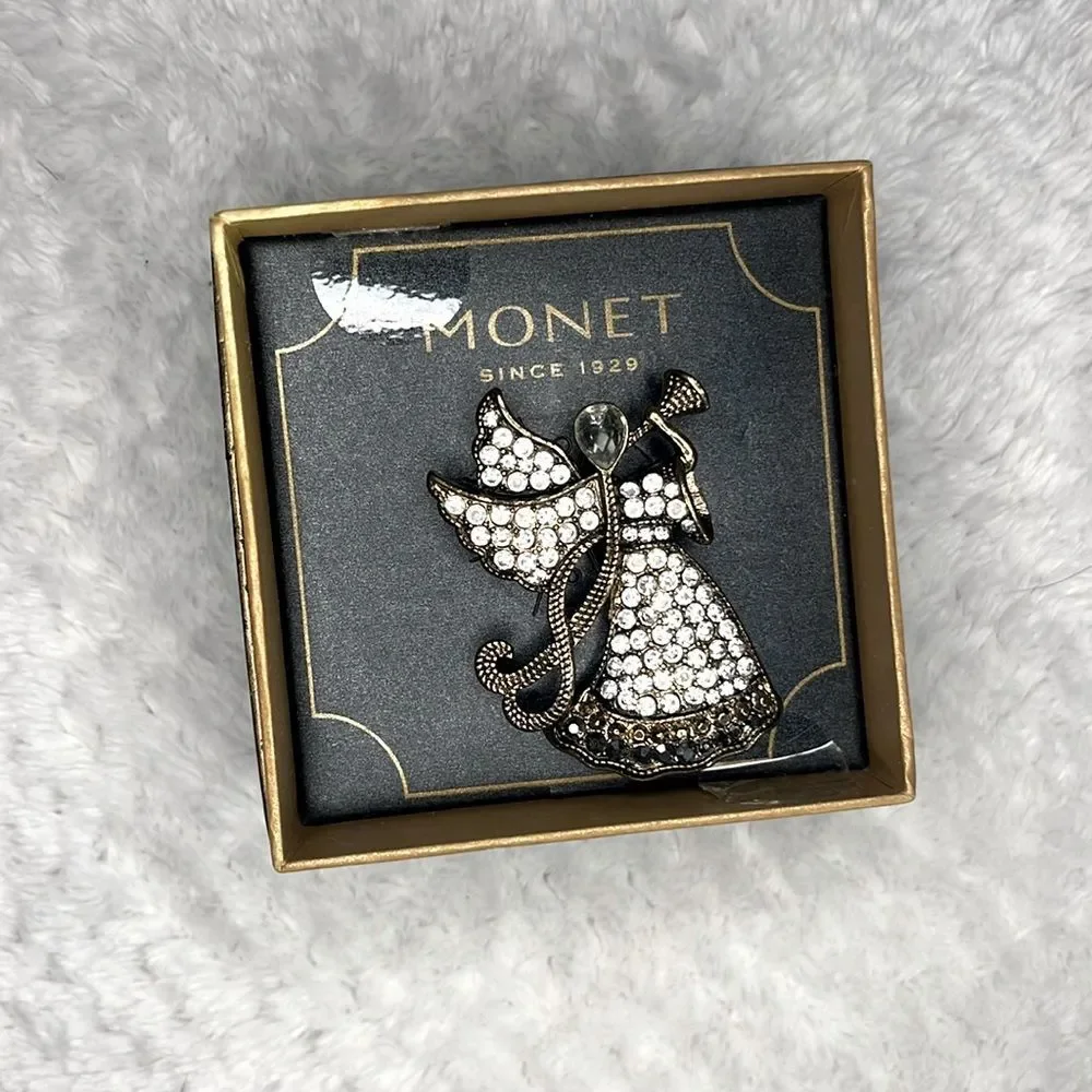 Monet Angel Brooch Pin with Rhinestones and Trumpet